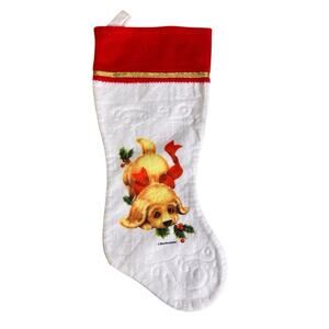 Dog Christmas Stocking 16 In Red White Felt Tan Puppy Red Bow Canine Gift